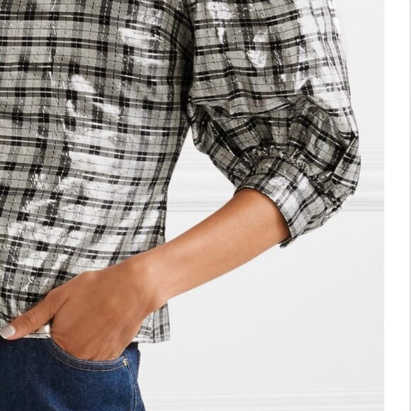 Ganni Laguard checked silk-blend lame blouse - Picture 8 of 9